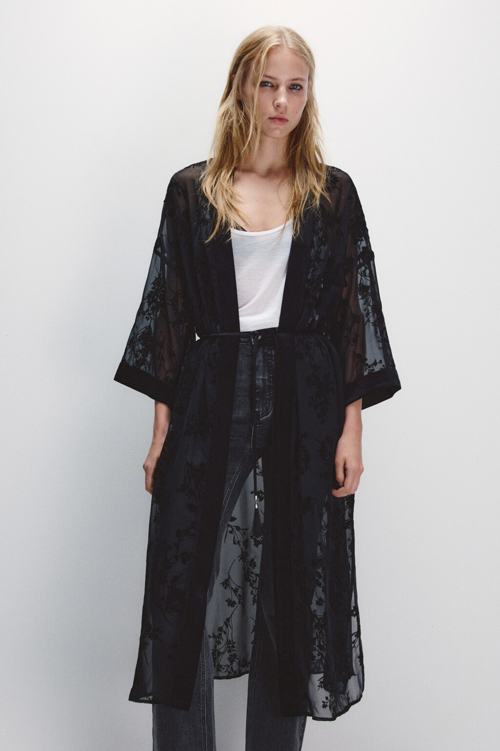 Кардиган-кимоно из сетки с принтом - цвет черный - 8