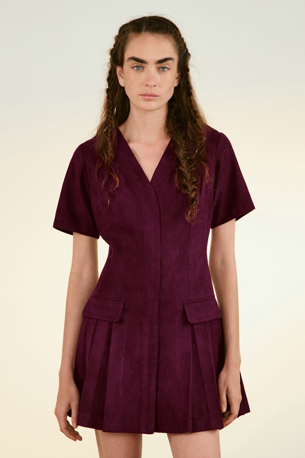 Платье бархатное с юбкой в складку - цвет красный - 2