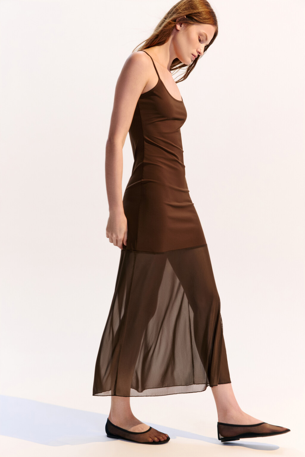 Платье-комбинация макси трикотажное - цвет коричневый - 1
