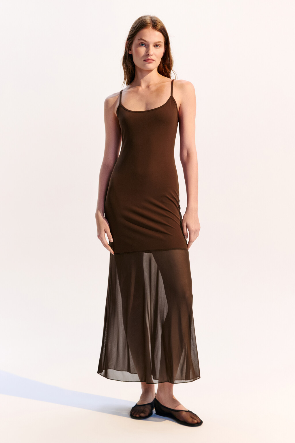 Платье-комбинация макси трикотажное - цвет коричневый - 2