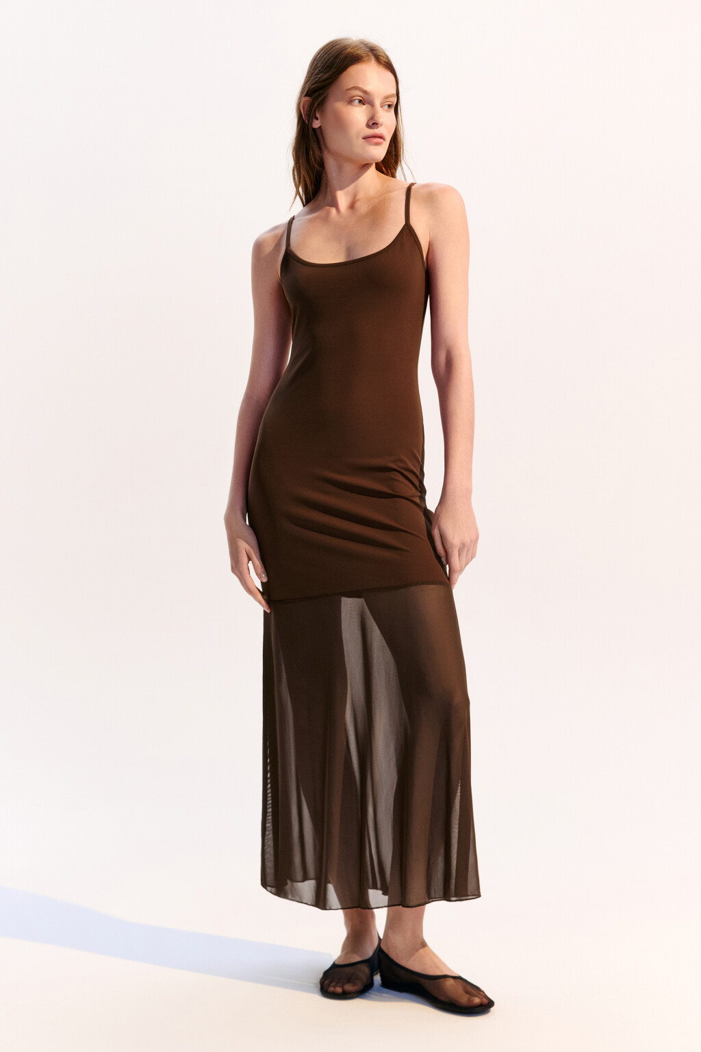 Платье-комбинация макси трикотажное - цвет коричневый - 4