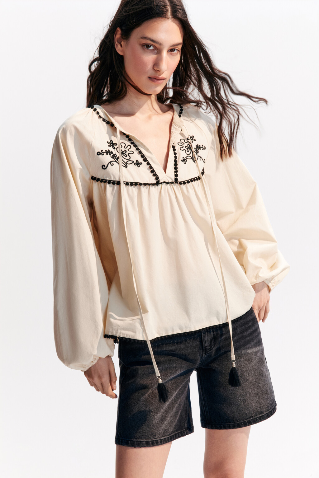 Блузка хлопковая в этническом стиле - цвет бежевый - 1