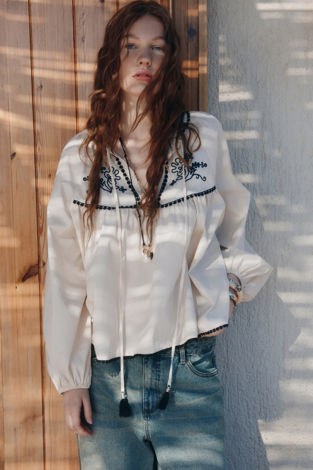 Блузка хлопковая в этническом стиле - цвет бежевый - 7