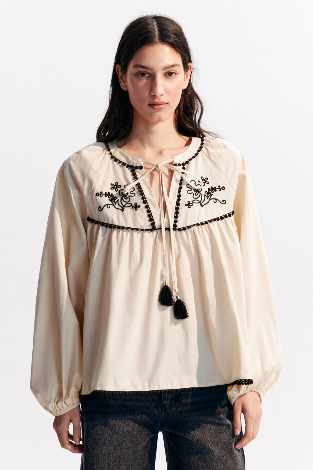 Блузка хлопковая в этническом стиле - цвет бежевый - 2