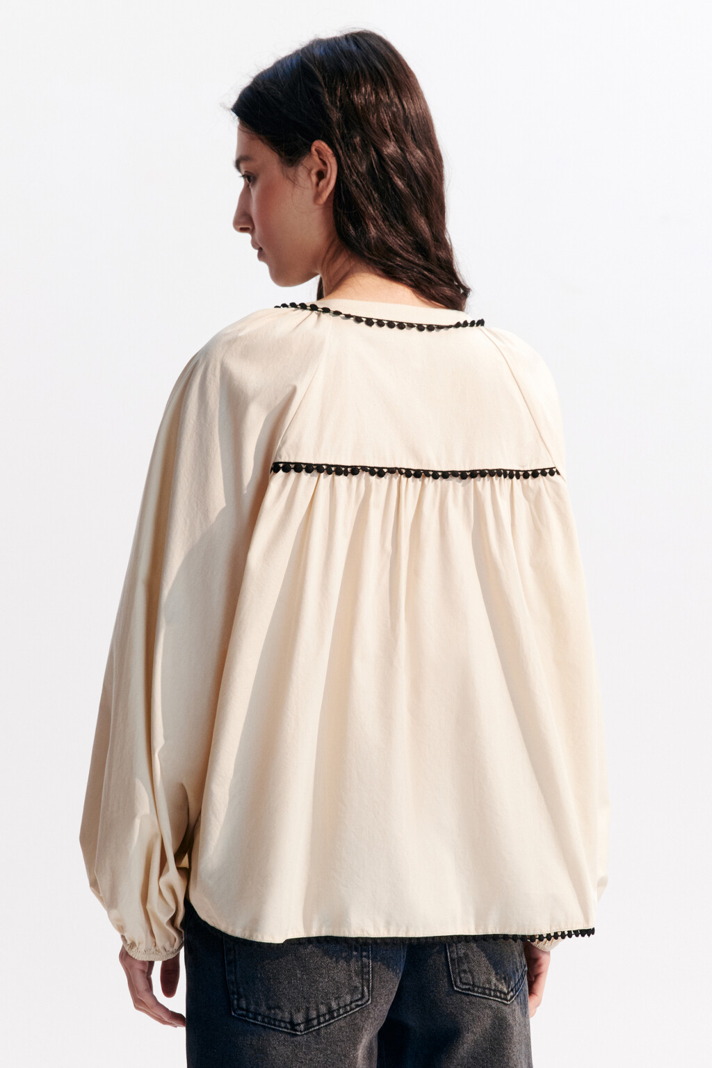 Блузка хлопковая в этническом стиле - цвет бежевый - 3