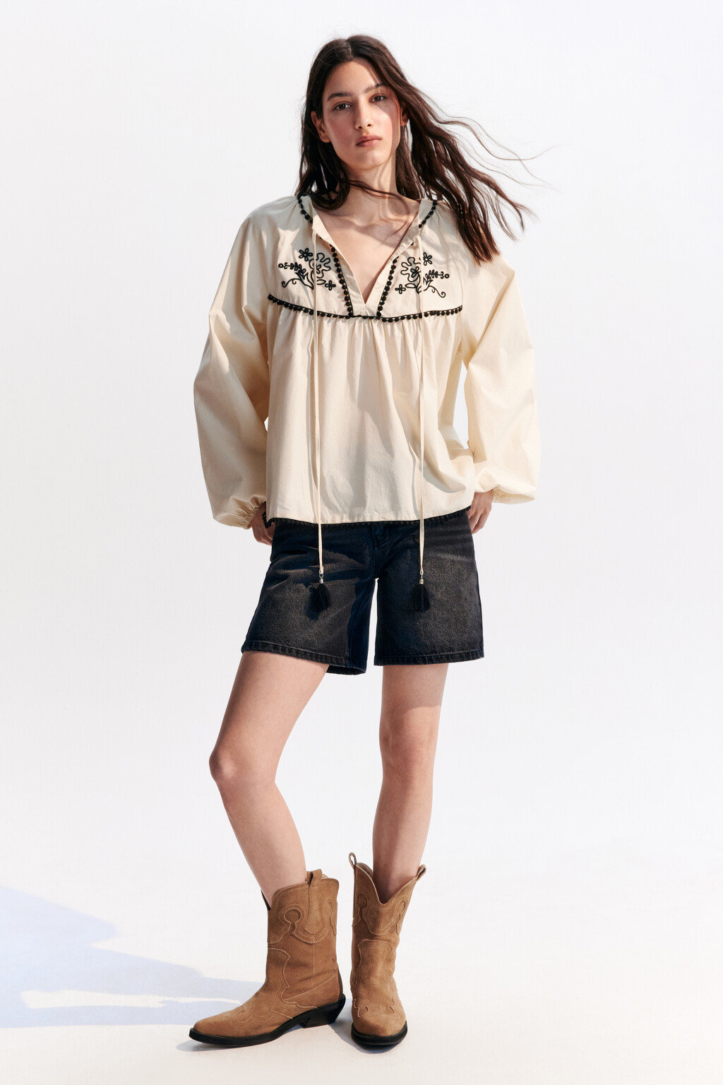 Блузка хлопковая в этническом стиле - цвет бежевый - 4