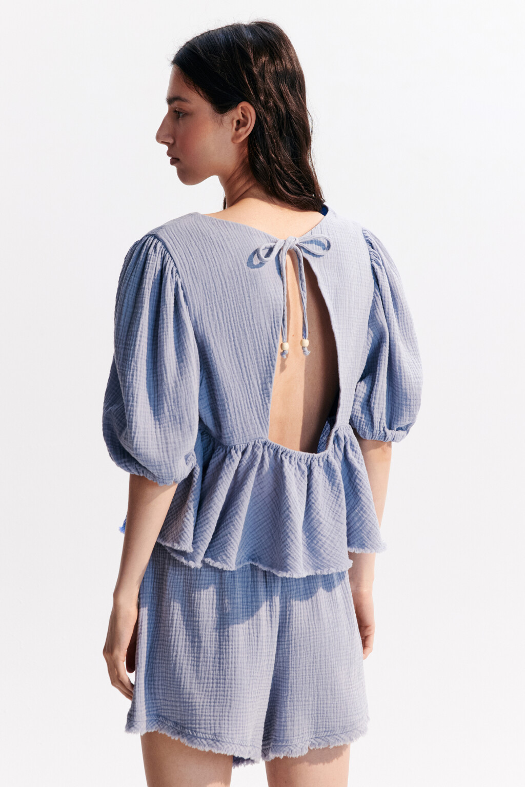 Блузка из муслина с баской и вырезом - цвет голубой - 3