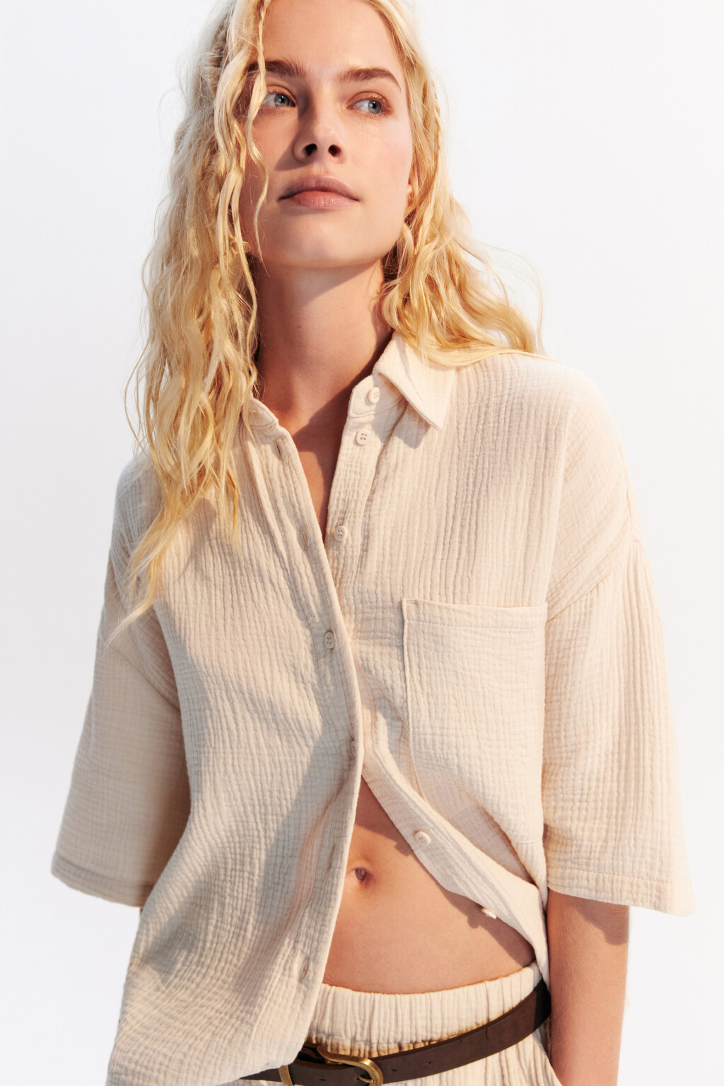 Рубашка из хлопкового муслина - цвет бежевый - 1