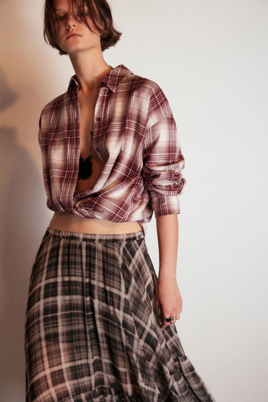 Рубашка хлопковая в клетку - цвет бежевый - 1