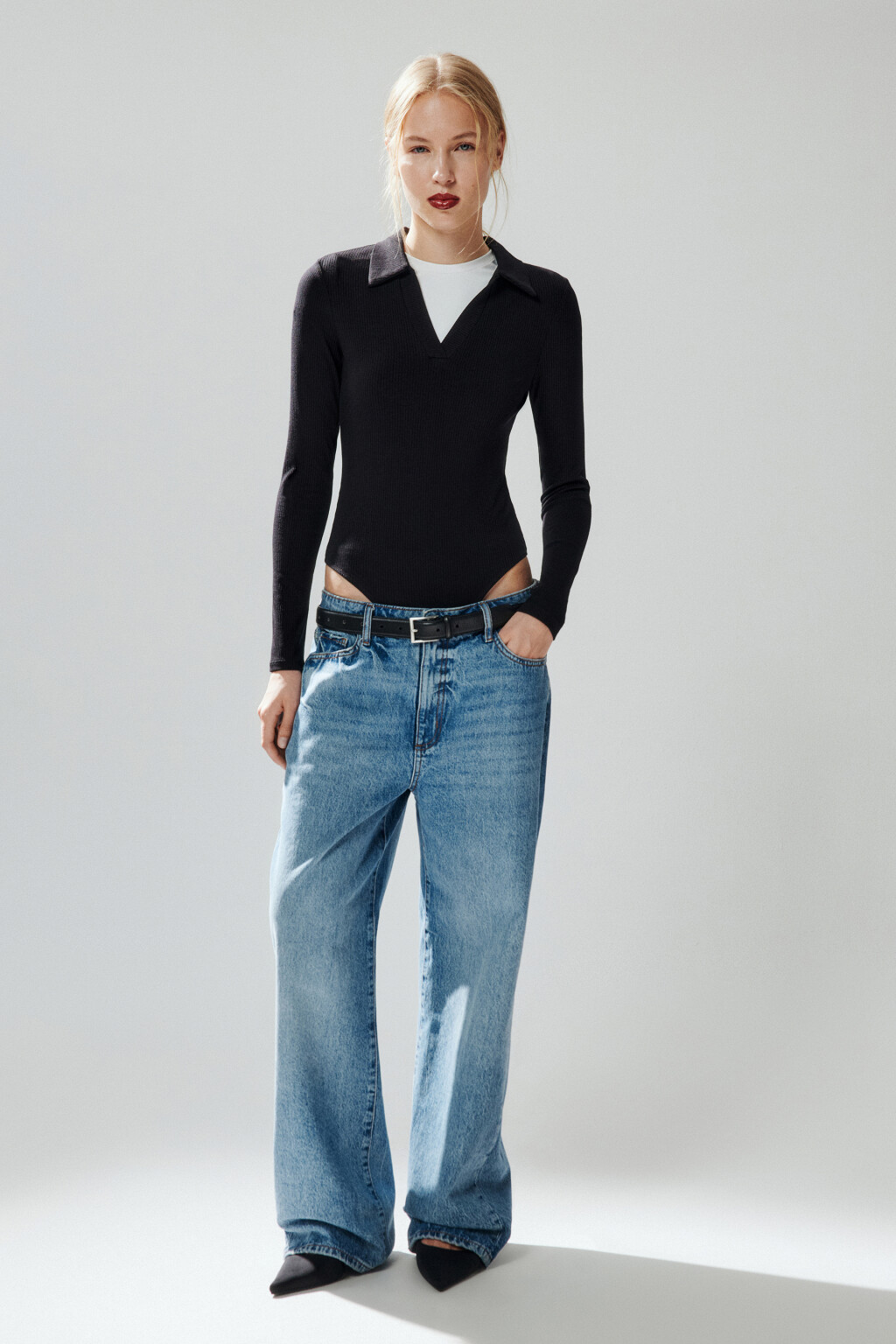 Боди-лонгслив с отложным воротником - цвет черный - 5