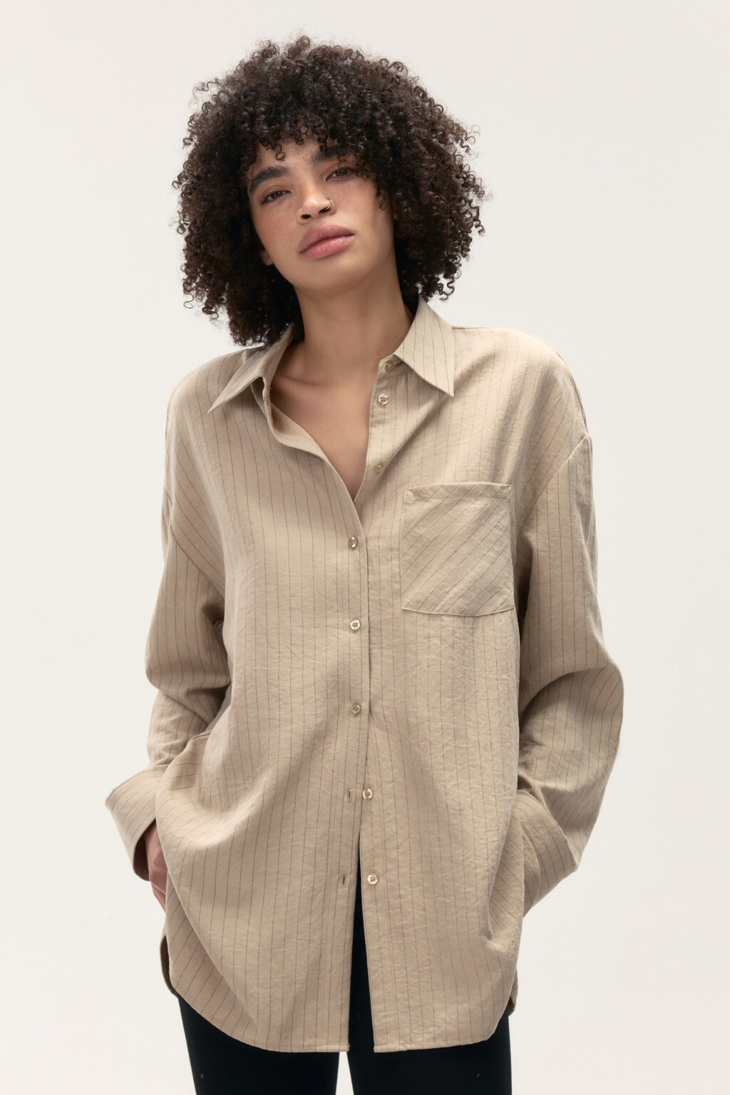 Рубашка в полоску с карманом - цвет бежевый - 2