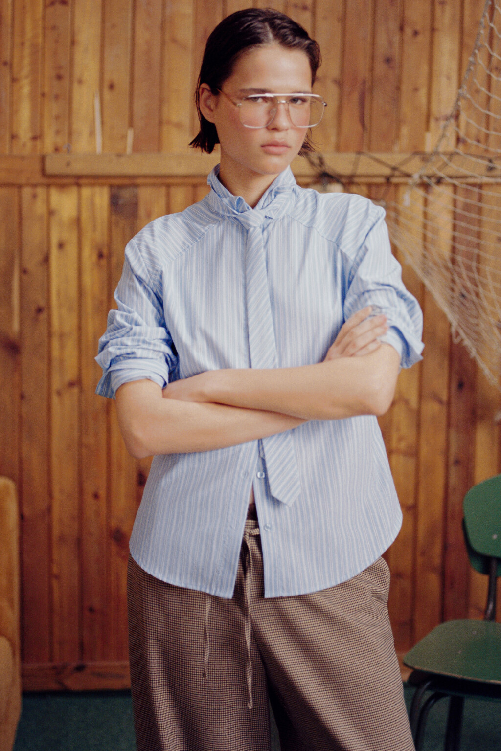 Блузка-рубашка прямая с галстуком - цвет голубой - 8