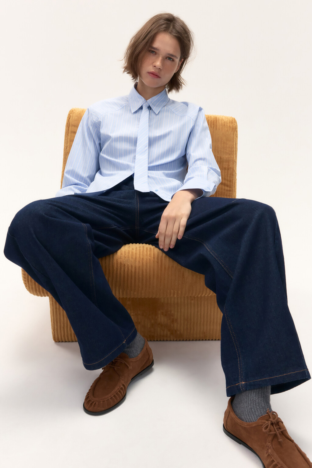 Блузка-рубашка прямая с галстуком - цвет голубой - 2