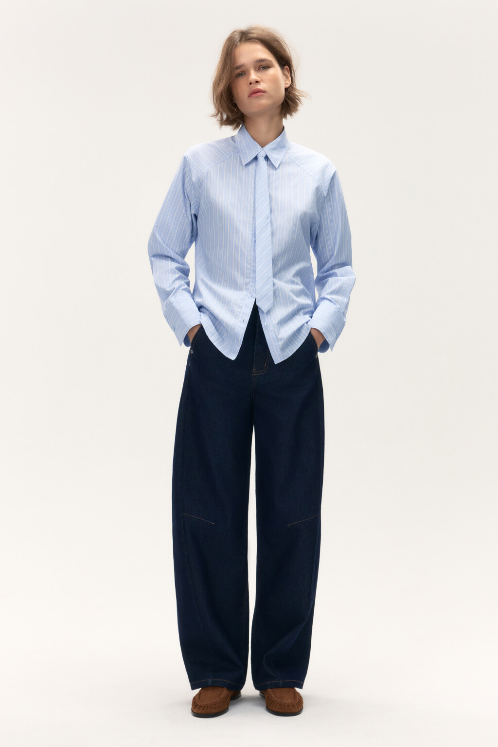 Блузка-рубашка прямая с галстуком - цвет голубой - 5