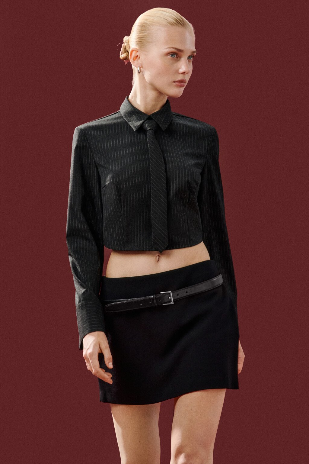 Рубашка укороченная с галстуком - цвет серый - 1