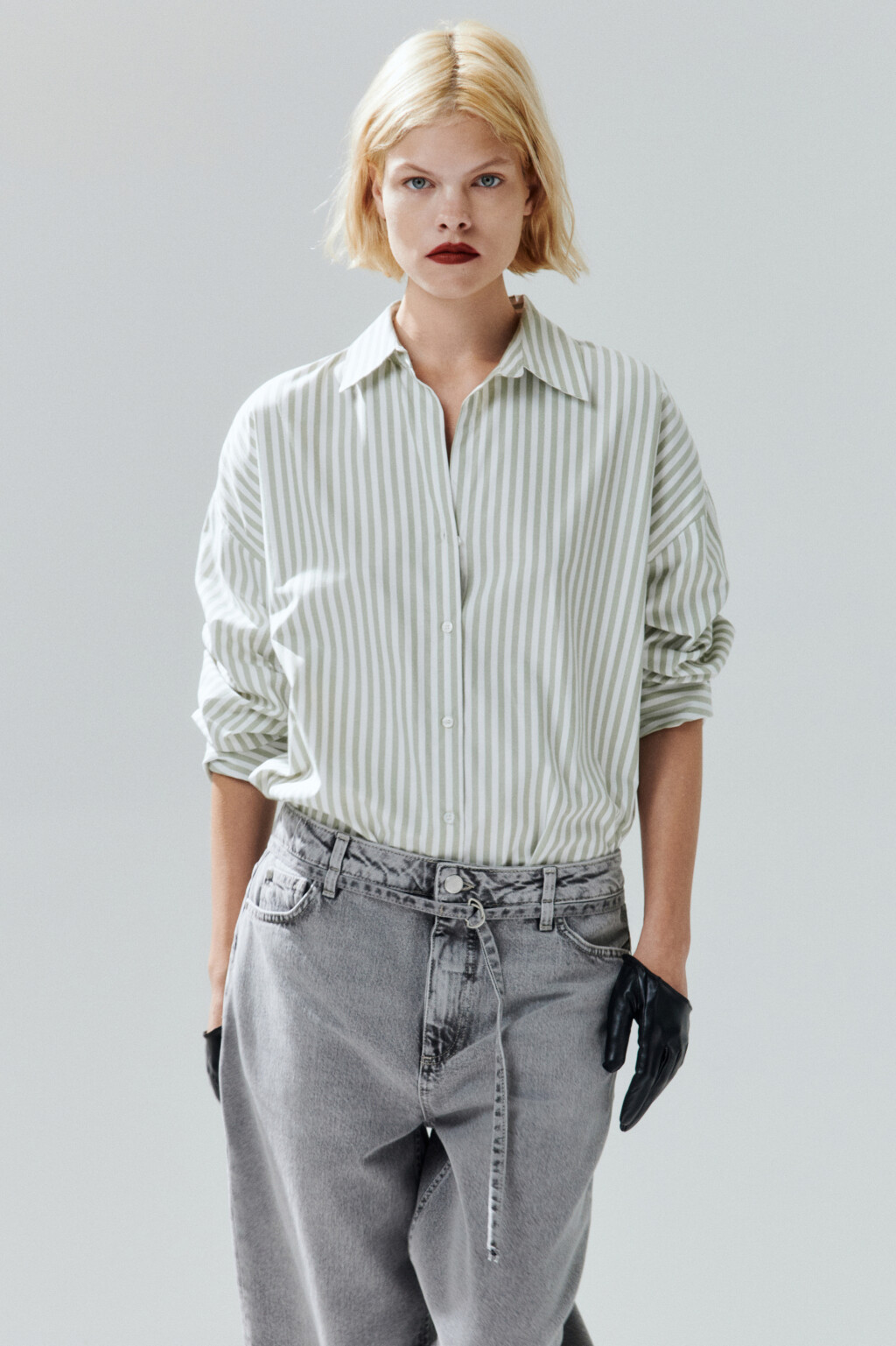 Блузка-рубашка в полоску - цвет зеленый - 1