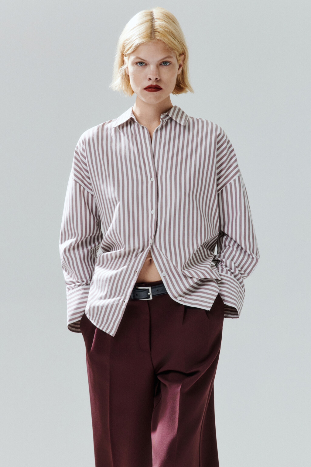 Блузка-рубашка в полоску - цвет бордовый - 1