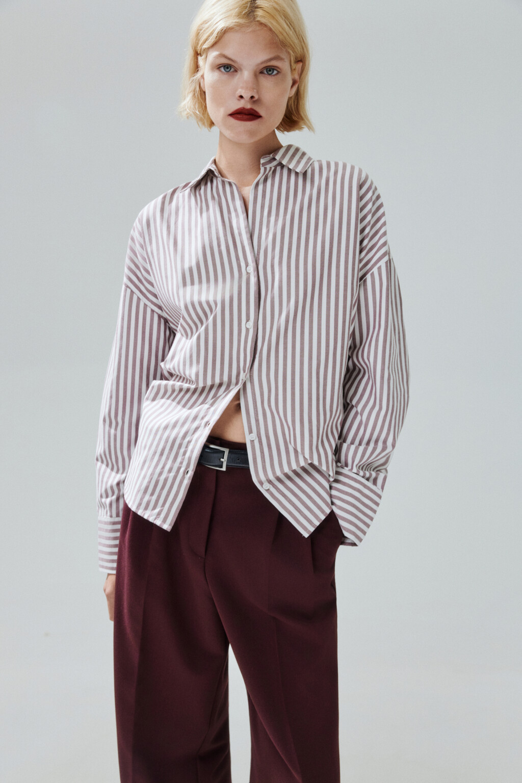 Блузка-рубашка в полоску - цвет бордовый - 2