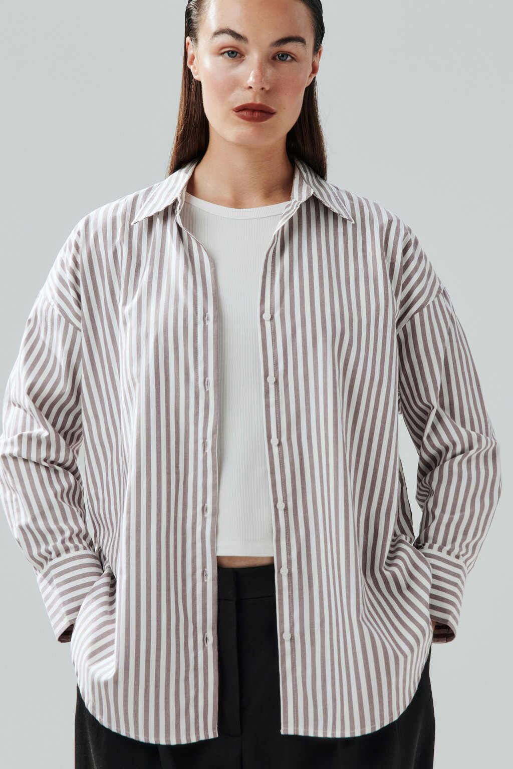 Блузка-рубашка в полоску - цвет бордовый - 2