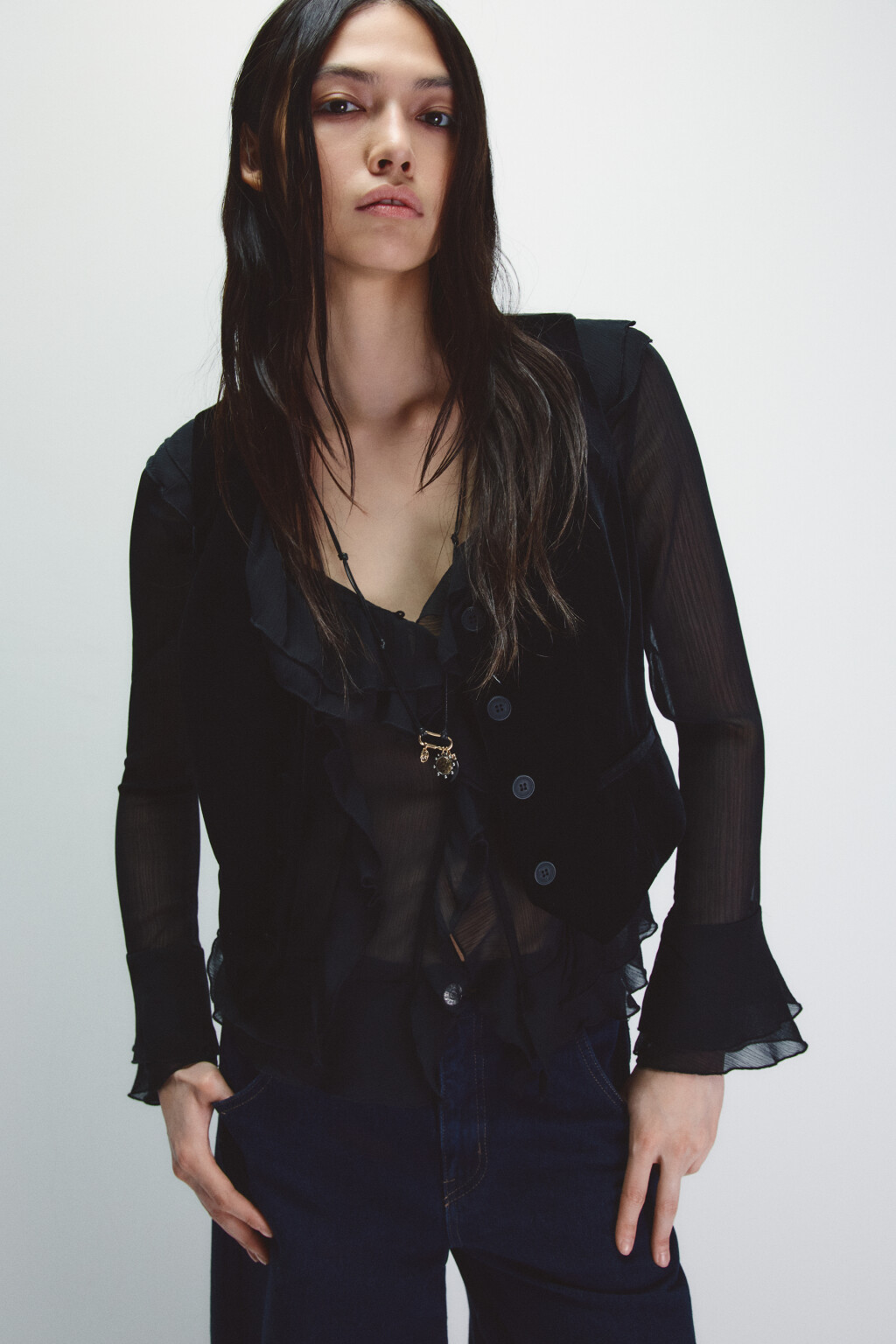 Блузка шифоновая с воланами - цвет черный - 1