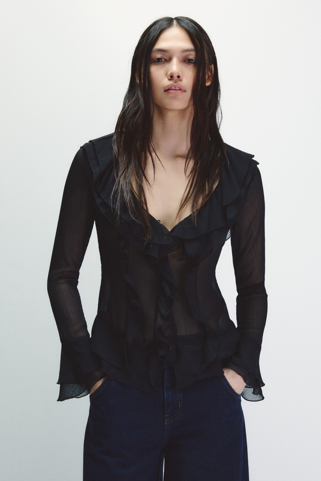 Блузка шифоновая с воланами - цвет черный - 2