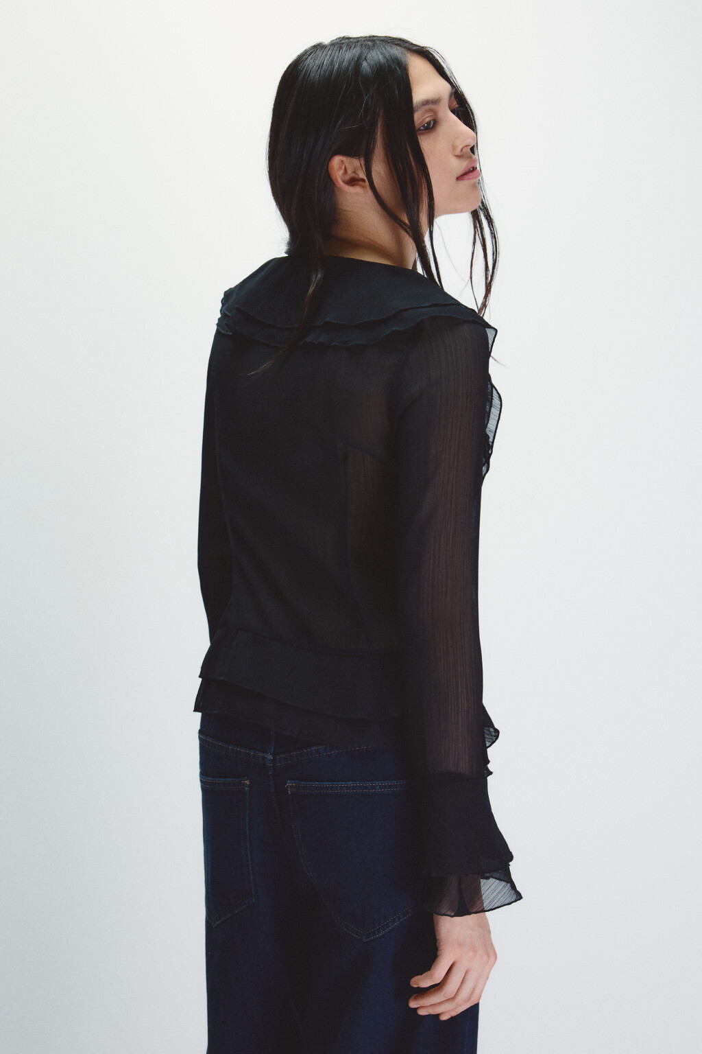 Блузка шифоновая с воланами - цвет черный - 3
