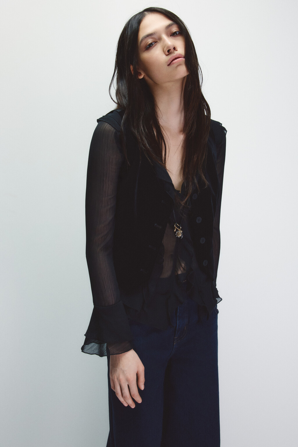 Блузка шифоновая с воланами - цвет черный - 5