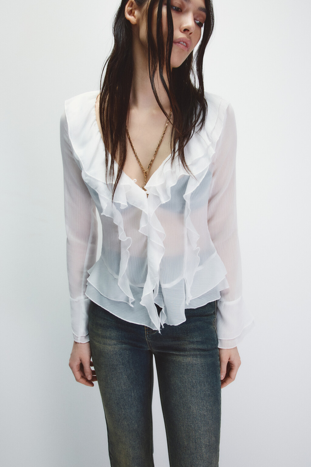 Блузка шифоновая с воланами - цвет молочный - 1