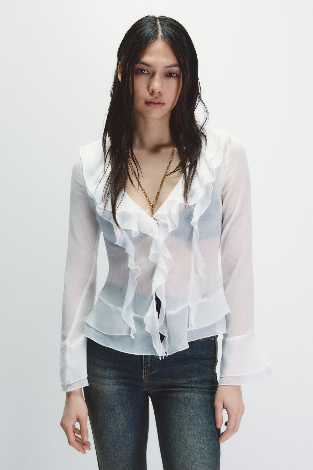 Блузка шифоновая с воланами - цвет молочный - 2