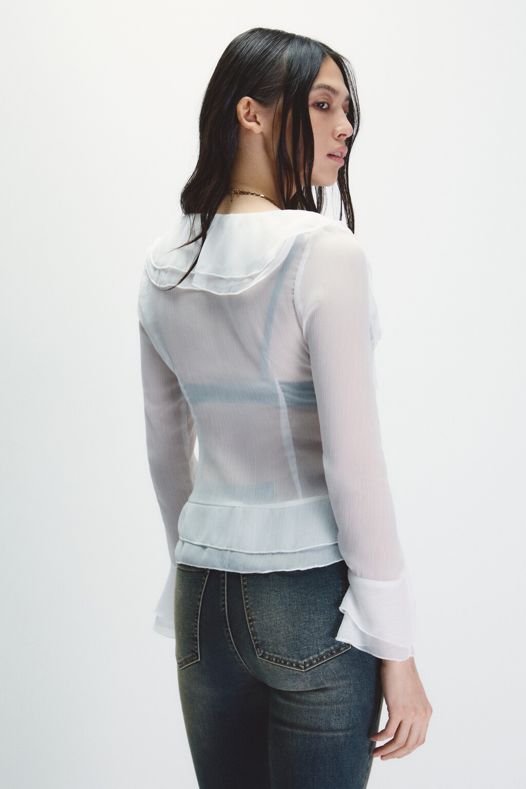 Блузка шифоновая с воланами - цвет молочный - 3