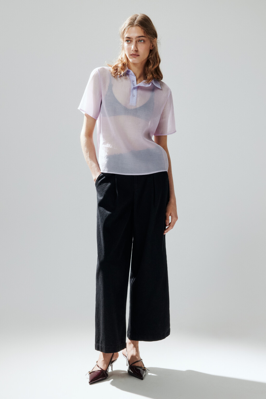 Блузка с воротником-поло - цвет сиреневый - 5