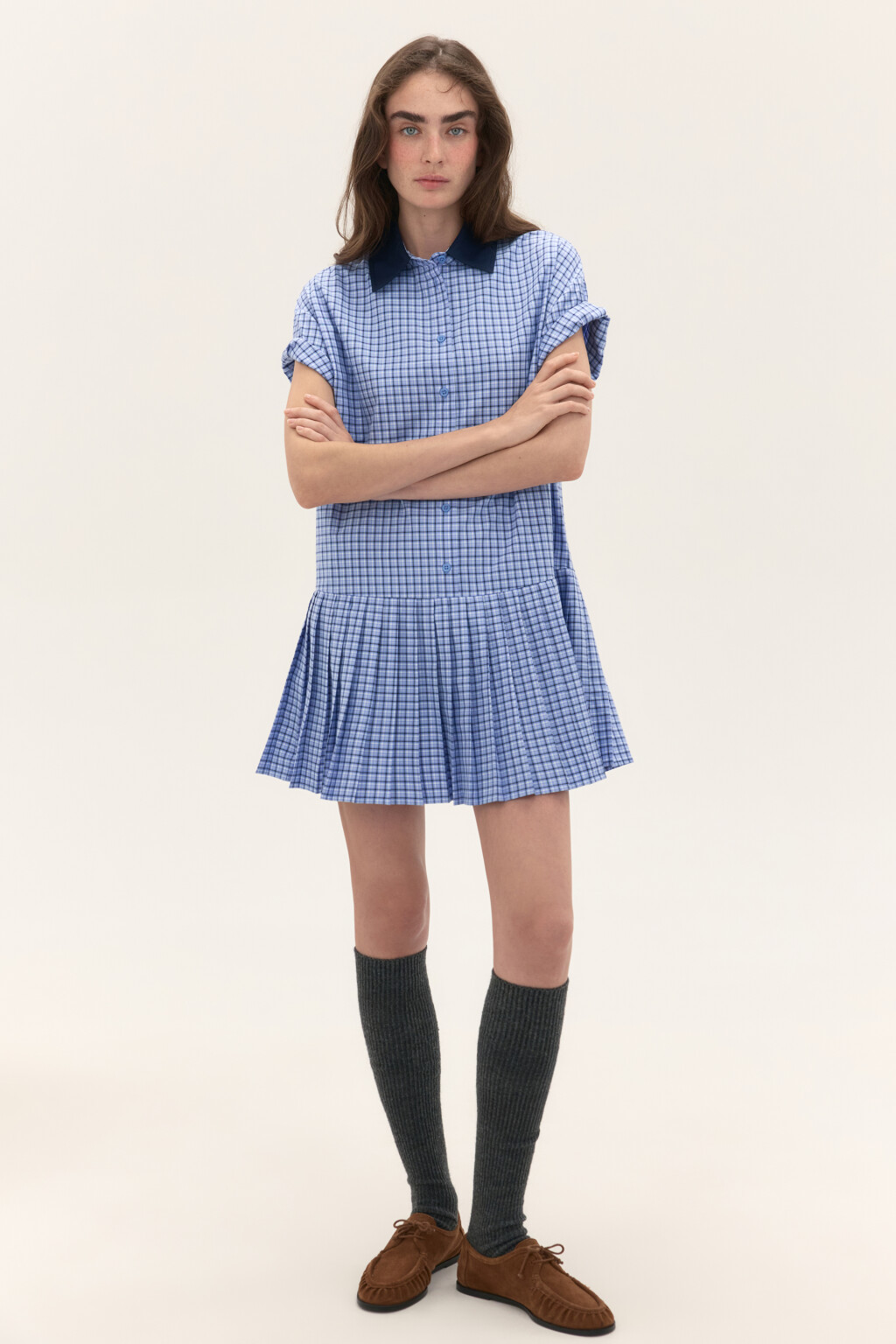 Платье-рубашка мини в клетку - цвет голубой - 1
