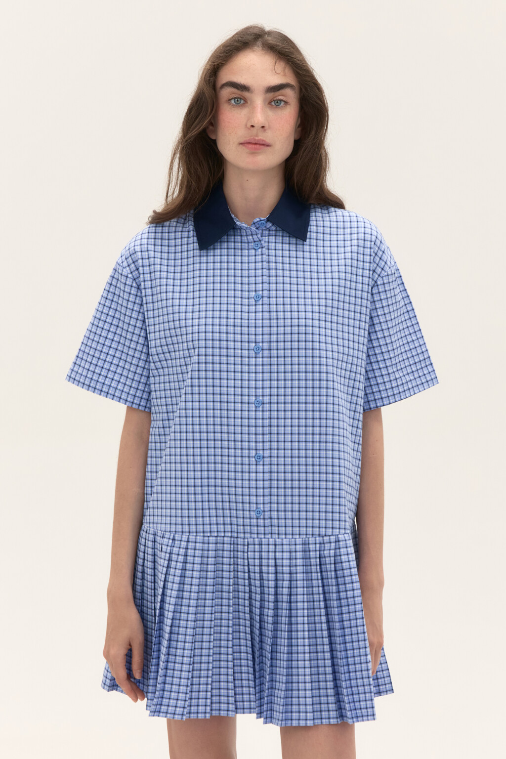 Платье-рубашка мини в клетку - цвет голубой - 2