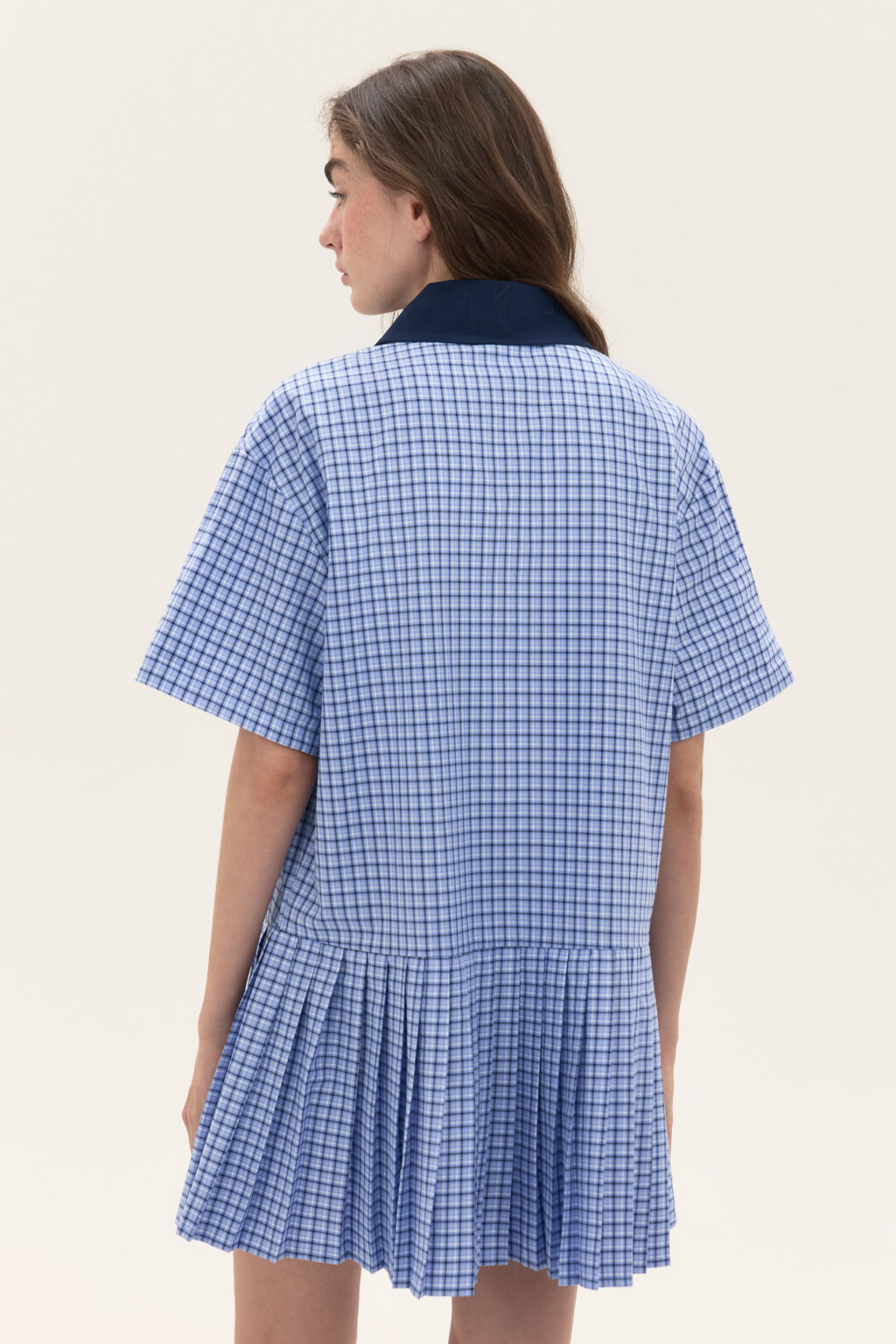 Платье-рубашка мини в клетку - цвет голубой - 3