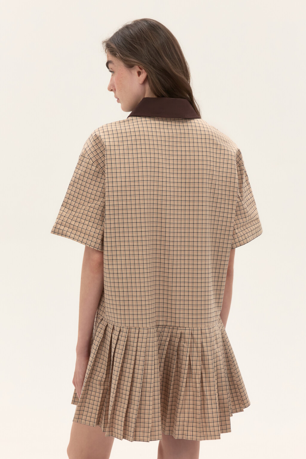 Платье-рубашка мини в клетку - цвет бежевый - 3
