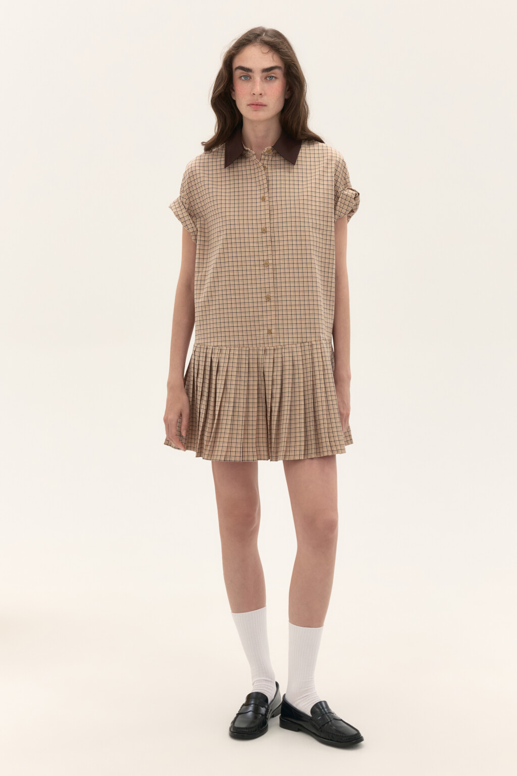 Платье-рубашка мини в клетку - цвет бежевый - 5