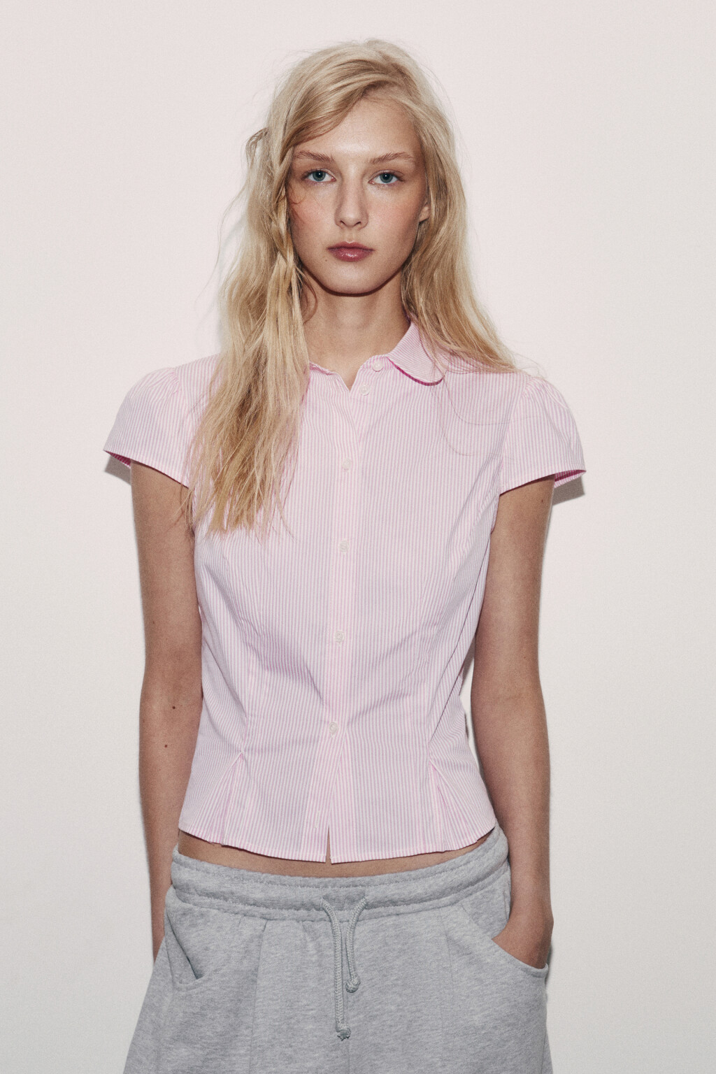 Рубашка приталенная хлопковая с рукавами-крылышками - цвет розовый - 2