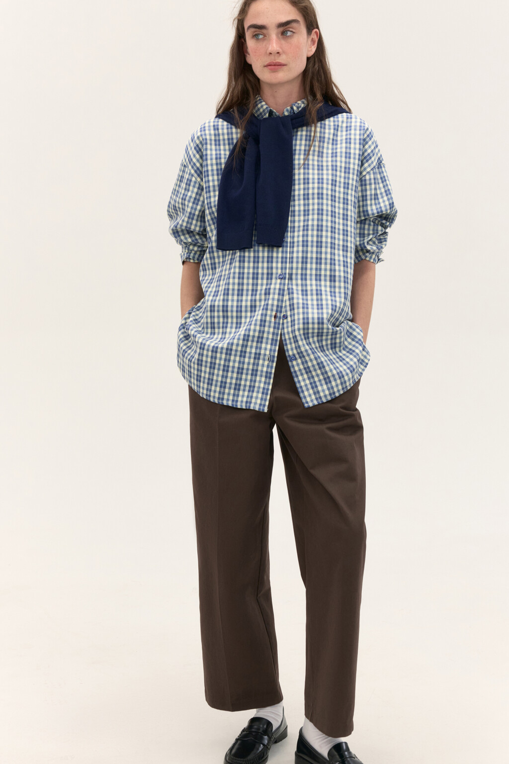 Рубашка в клетку с длинным рукавом - цвет голубой - 2