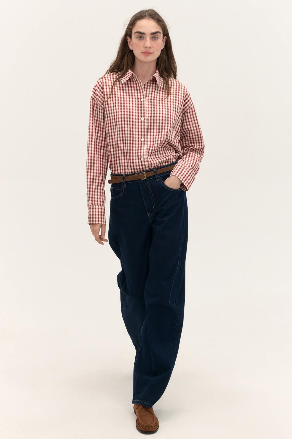 Рубашка в клетку с длинным рукавом - цвет красный - 2