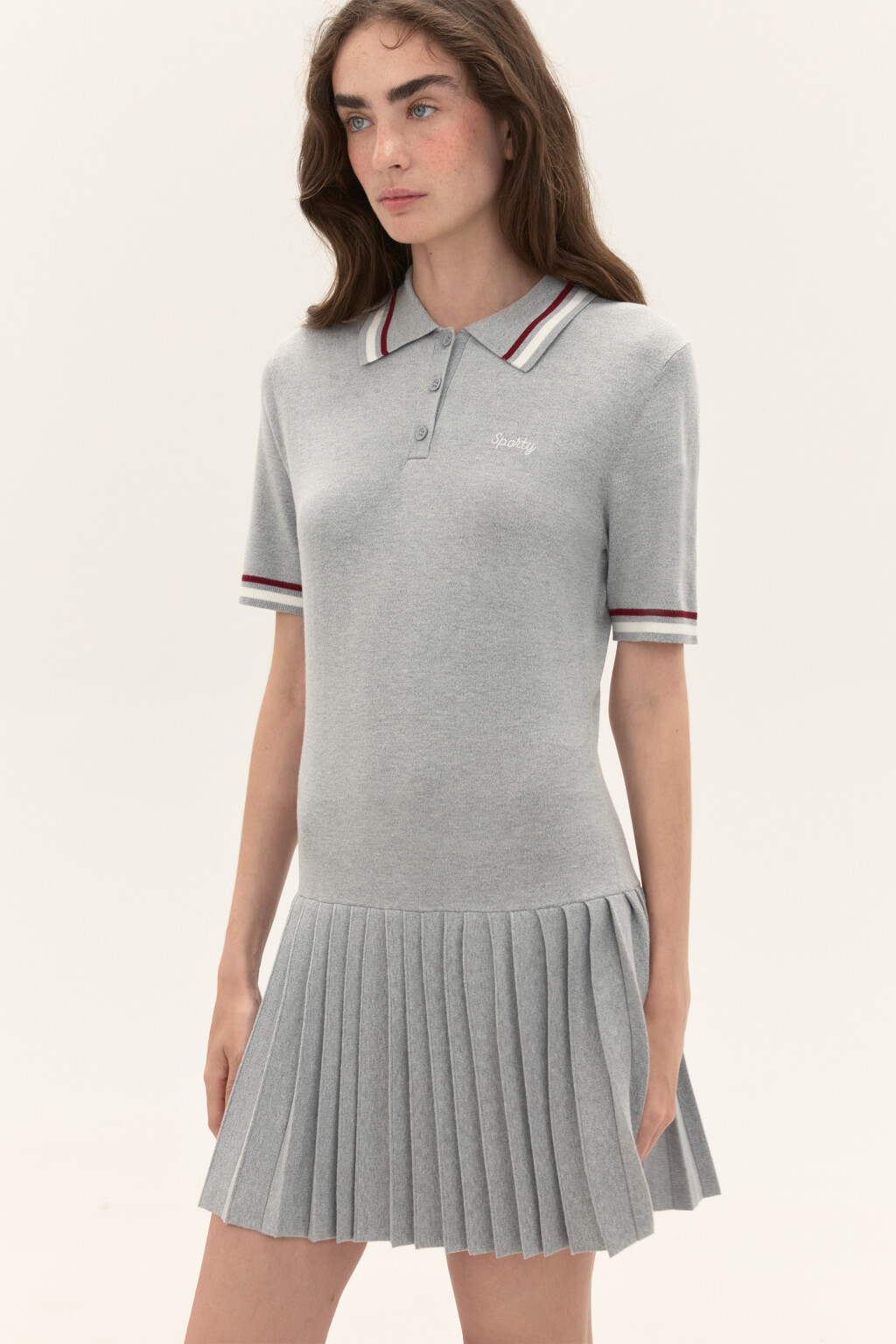 Платье-поло с юбкой в складку - цвет серый - 1