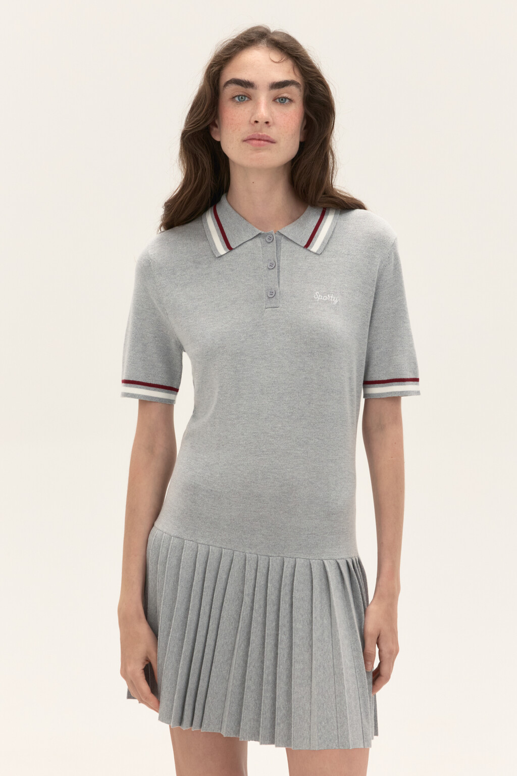 Платье-поло с юбкой в складку - цвет серый - 2