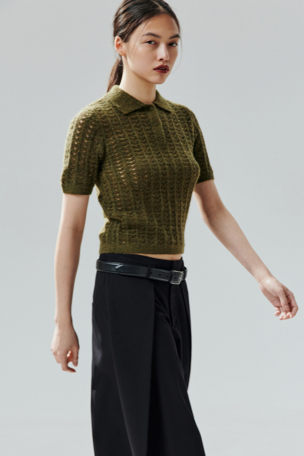 Джемпер-поло вязаный с узором - цвет зеленый - 1