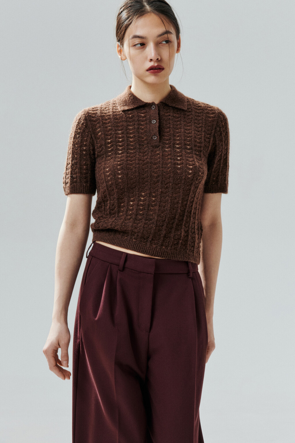 Джемпер-поло вязаный с узором - цвет коричневый - 1