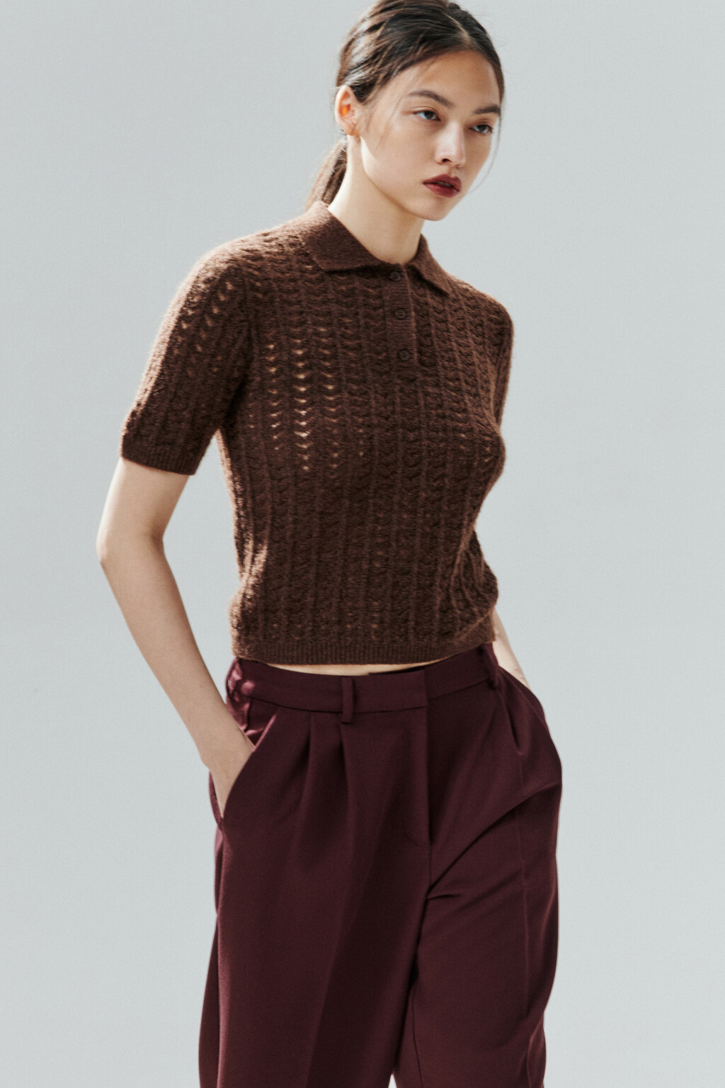 Джемпер-поло вязаный с узором - цвет коричневый - 2