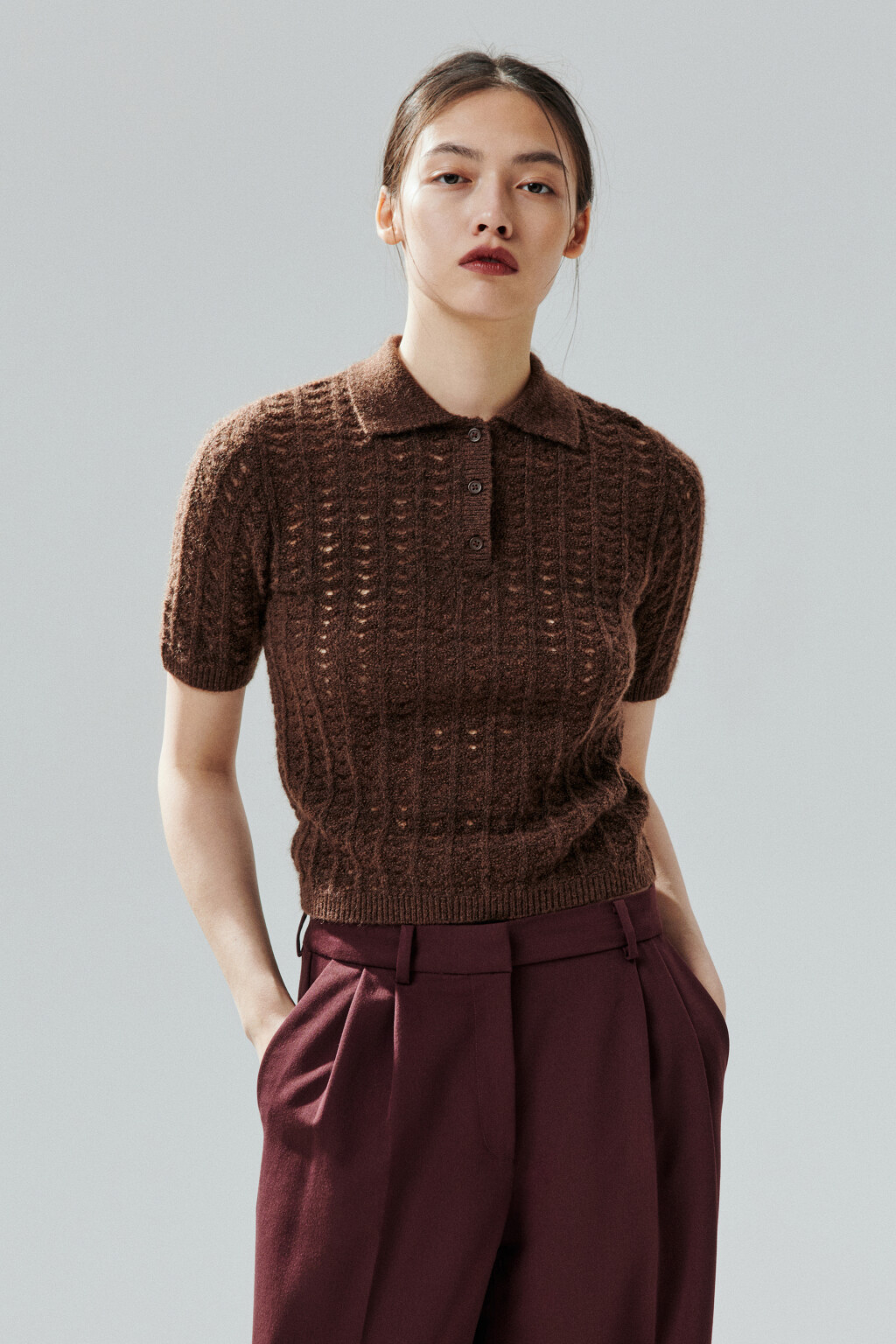 Джемпер-поло вязаный с узором - цвет коричневый - 3