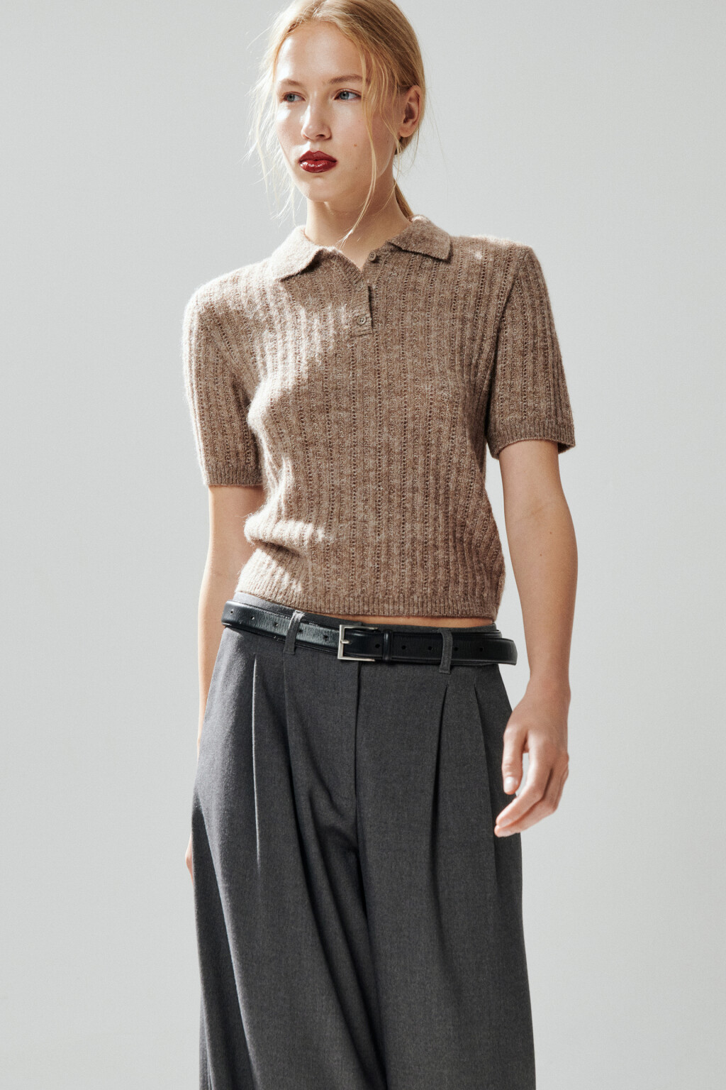 Джемпер-поло вязаный с узором - цвет бежевый - 1