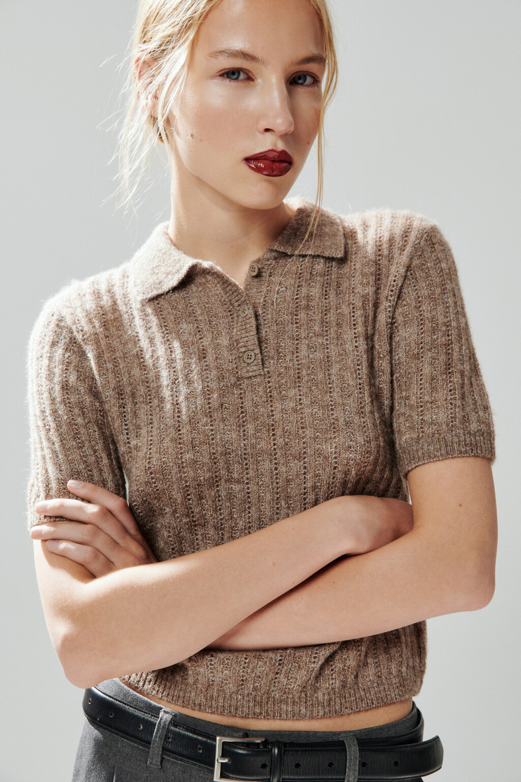 Джемпер-поло вязаный с узором - цвет бежевый - 2