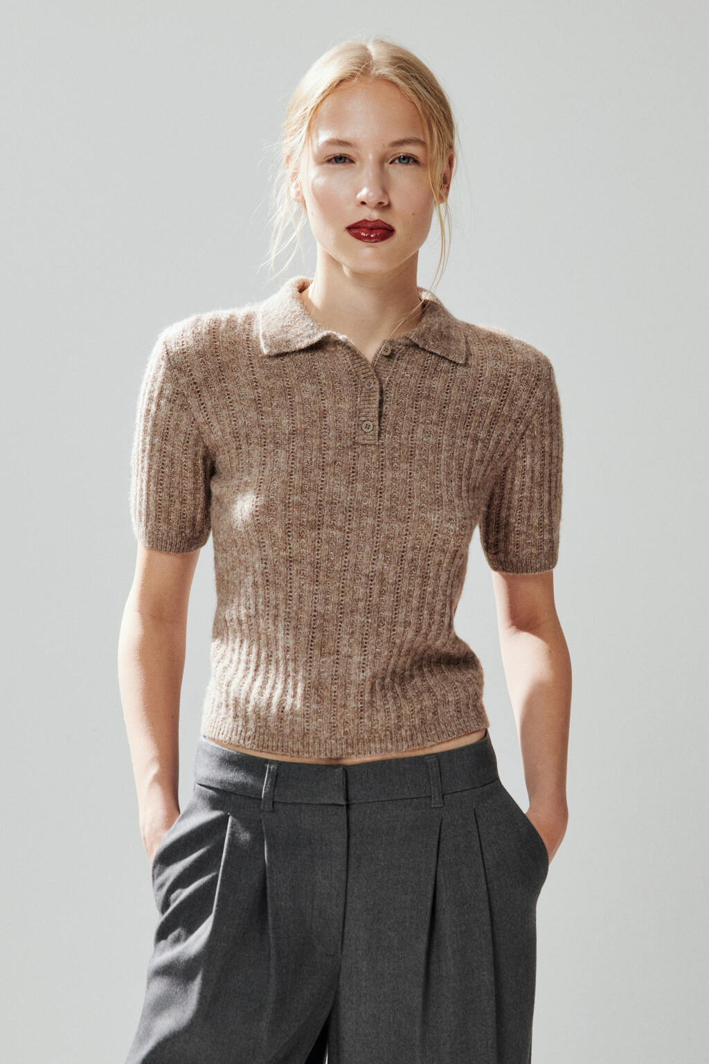 Джемпер-поло вязаный с узором - цвет бежевый - 3