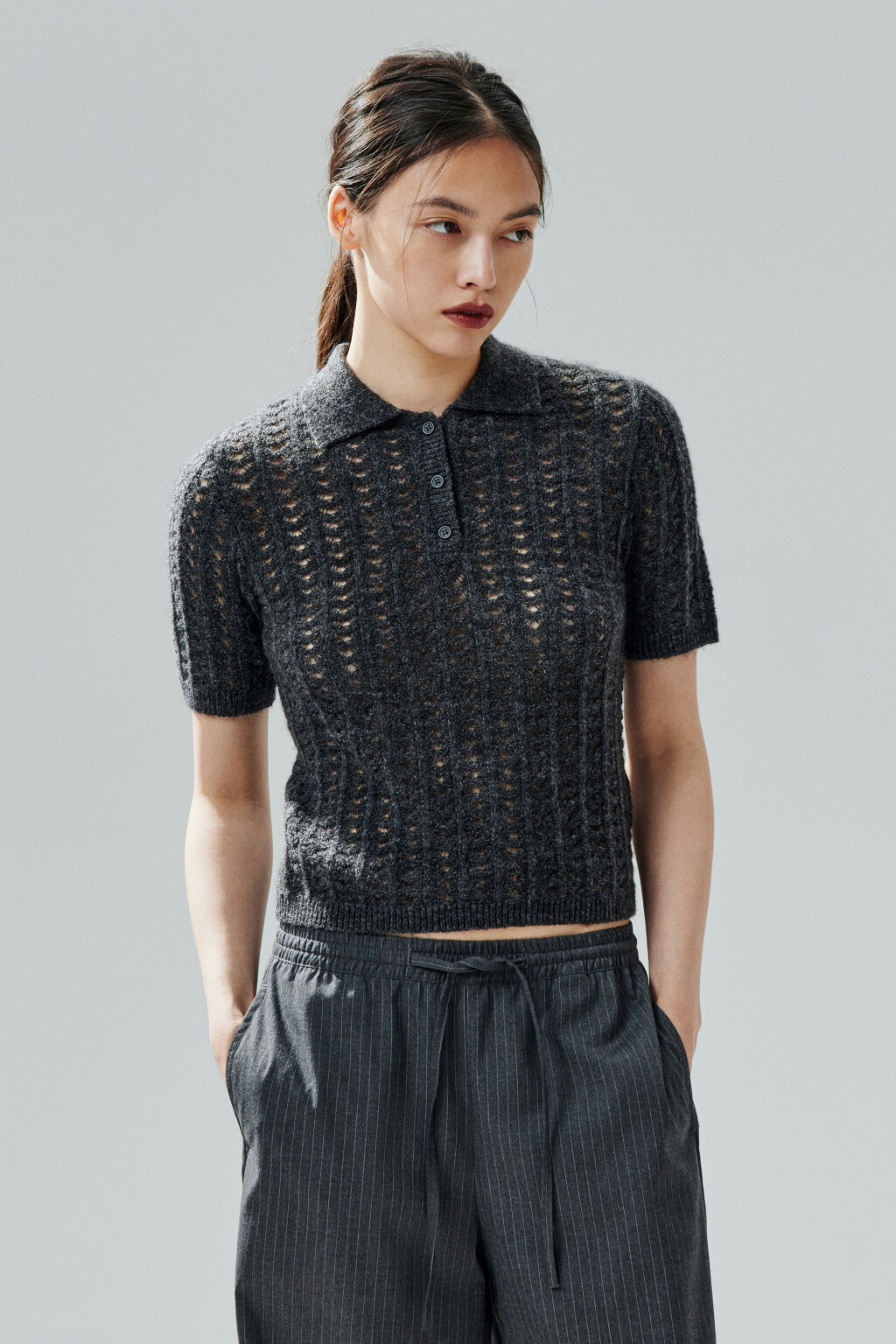 Джемпер-поло вязаный с узором - цвет серый - 2