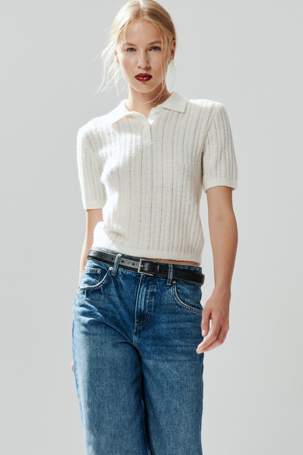 Джемпер-поло вязаный с узором - цвет молочный - 1